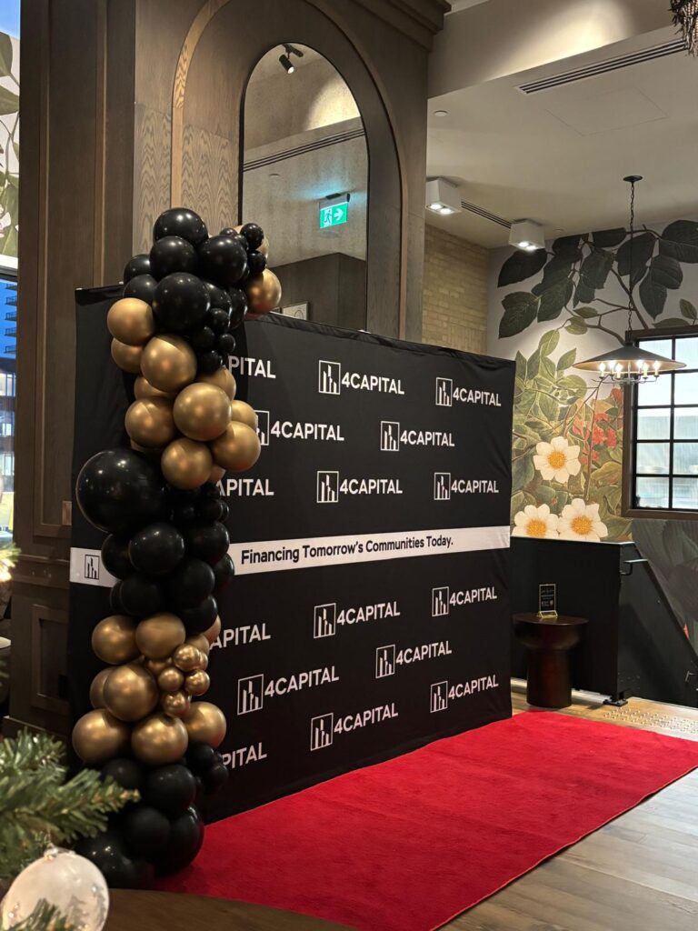 Corporate backdrop with balloon decor and a red carpet rental
