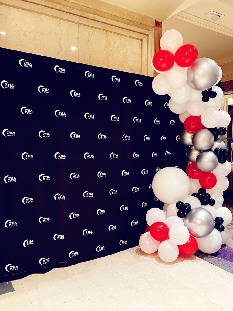 corporate backdrop with balloon decor