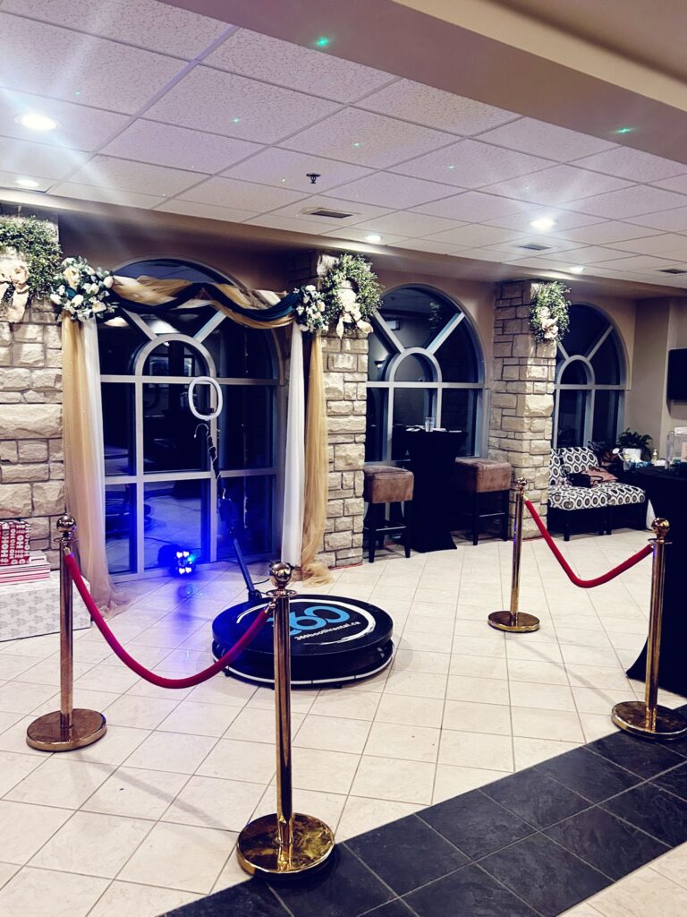 stanchions, 360 video booth and decor for weddings and celebrations