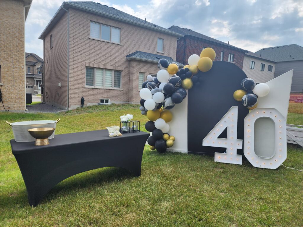 backdrop, marquee numbers and balloon decor