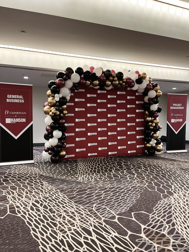 corporate backdrop with balloon decor